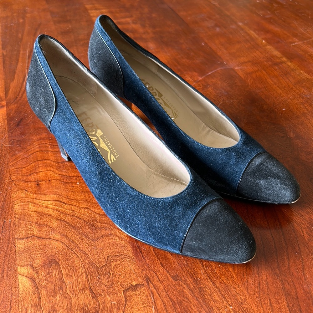 Vintage Ferragamo two tone suede heels